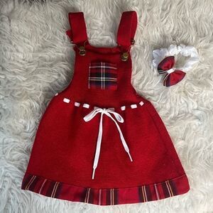 Red plaid christmas overall skirt outfit baby girl 12 months